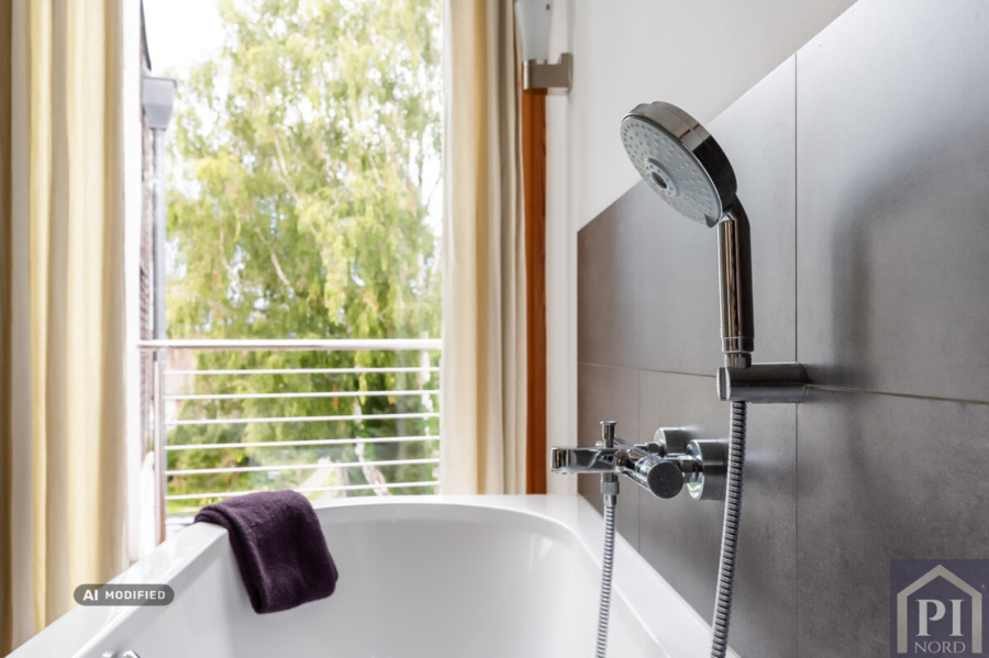 und Badewanne mit Ausblick ins Grüne.